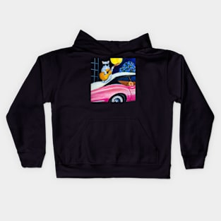 Cat playing guitar on car oil painting Kids Hoodie